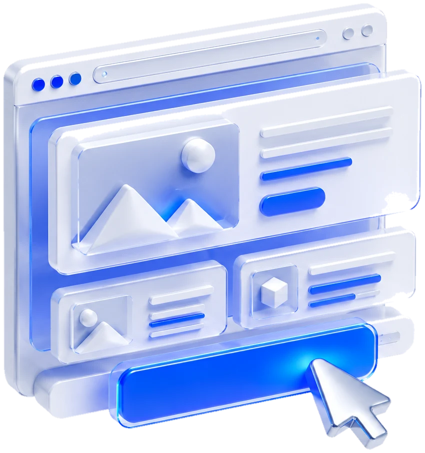 3D-Illustration: Browserfenster, aus dem eine Website in schwebenden Ebenen herauswächst